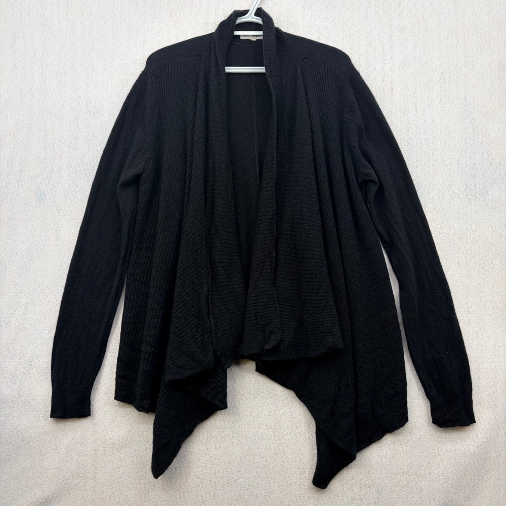 Neiman Marcus Cashmere Cardigan Sweater Black Open Front Draped Ribbed O
